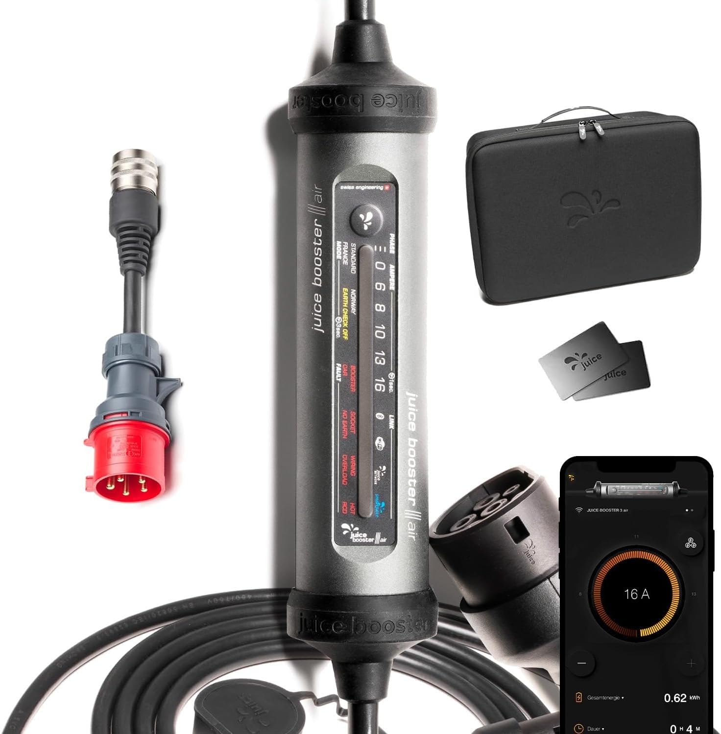 Juice Booster 3 air Starter Set, Mobile Wallbox 11kW mit App, Ladegerät für BEV mit Typ 2 Ladekabel E Auto, Superleicht und Flexibel, IP67 Wasserdicht, Inkl. Adapter CEE16 Rot 3-Phasig von smart Juice