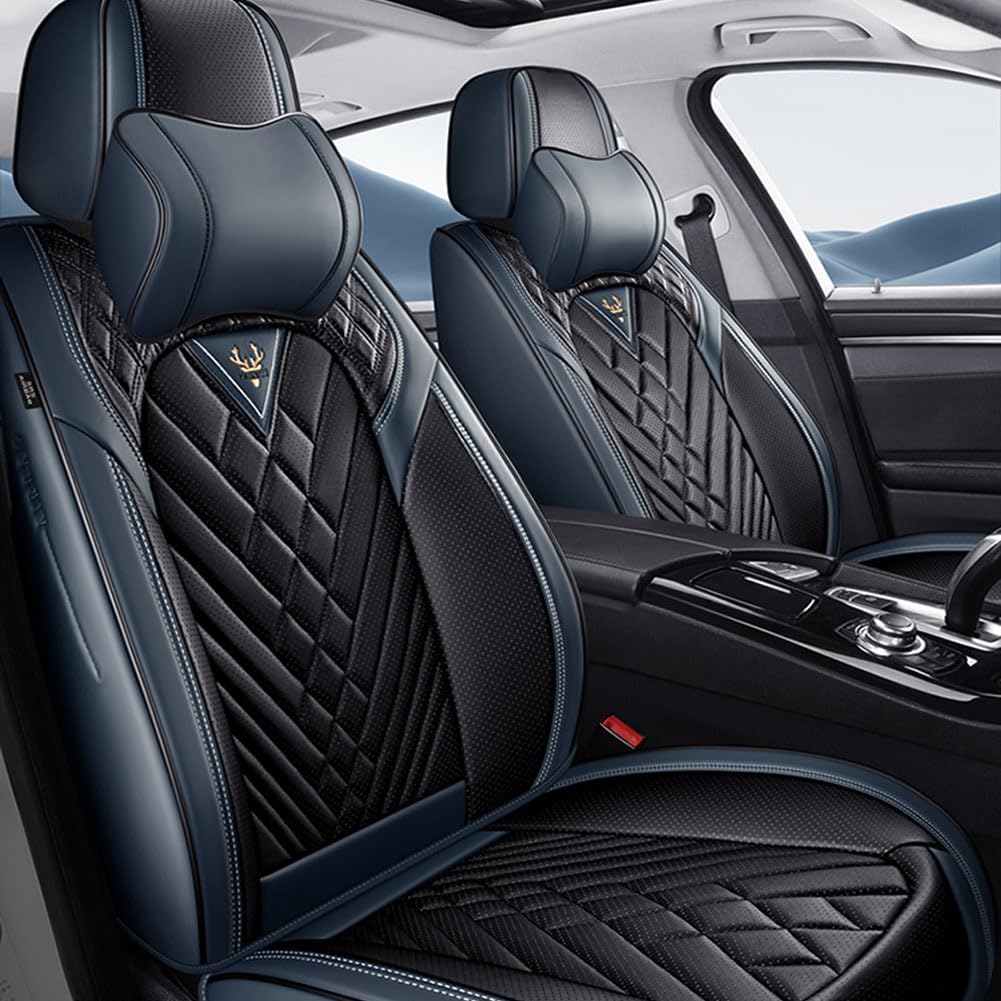 JUNJIKAIDAN Auto Sitzbezüge Set Autositzbezüge für Benz V Class, Leder Autositzbezug Sitzbezug Schonbezüge Wasserdicht Vorne Hinten Sitzschoner,B/Luxury(with 2 headrests)-E/Black~Blue von JUNJIKAIDAN