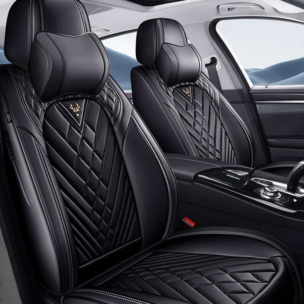 JUNJIKAIDAN Auto Sitzbezüge Set Autositzbezüge für Korando 2010-2019, Leder Autositzbezug Sitzbezug Schonbezüge Wasserdicht Vorne Hinten Sitzschoner,B/Luxury(with 2 headrests)-B/Black von JUNJIKAIDAN