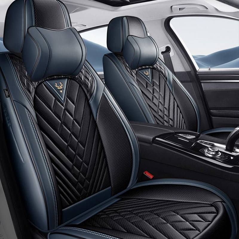 JUNJIKAIDAN Auto Sitzbezüge Set Autositzbezüge für MKS 2010-2023, Leder Autositzbezug Sitzbezug Schonbezüge Wasserdicht Vorne Hinten Sitzschoner,B/Luxury(with 2 headrests)-E/Black~Blue von JUNJIKAIDAN