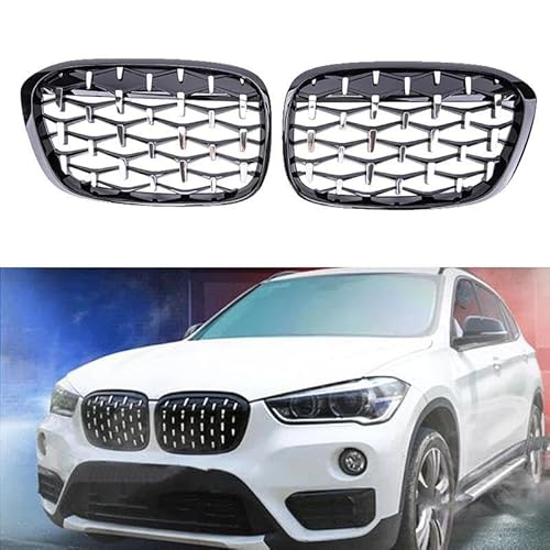 JUNOOS Für B&MW X1 F48 F49 2016-2019 Auto Diamant-Frontniere Renngrill Schwarz Glänzend Grills Zubehör Grills Front Kühlergrille(Full Silver) von JUNOOS