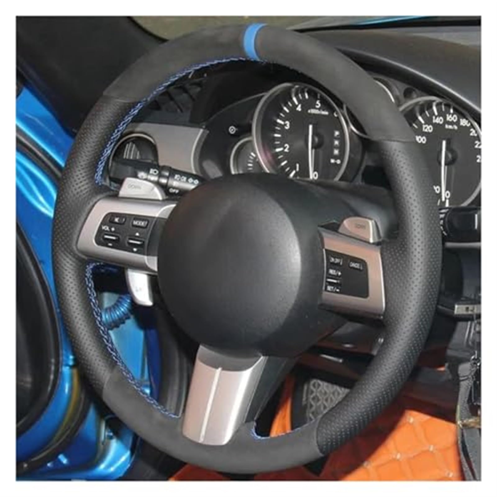 JUNPIY Auto-Lenkradabdeckung, for Mazda, for MX-5 RX-8 2009–2013, for CX-7, for CX7 2007–2009, Autozubehör, rutschfestes schwarzes Geflecht Lenkradschutz(Black Orange Thread) von JUNPIY