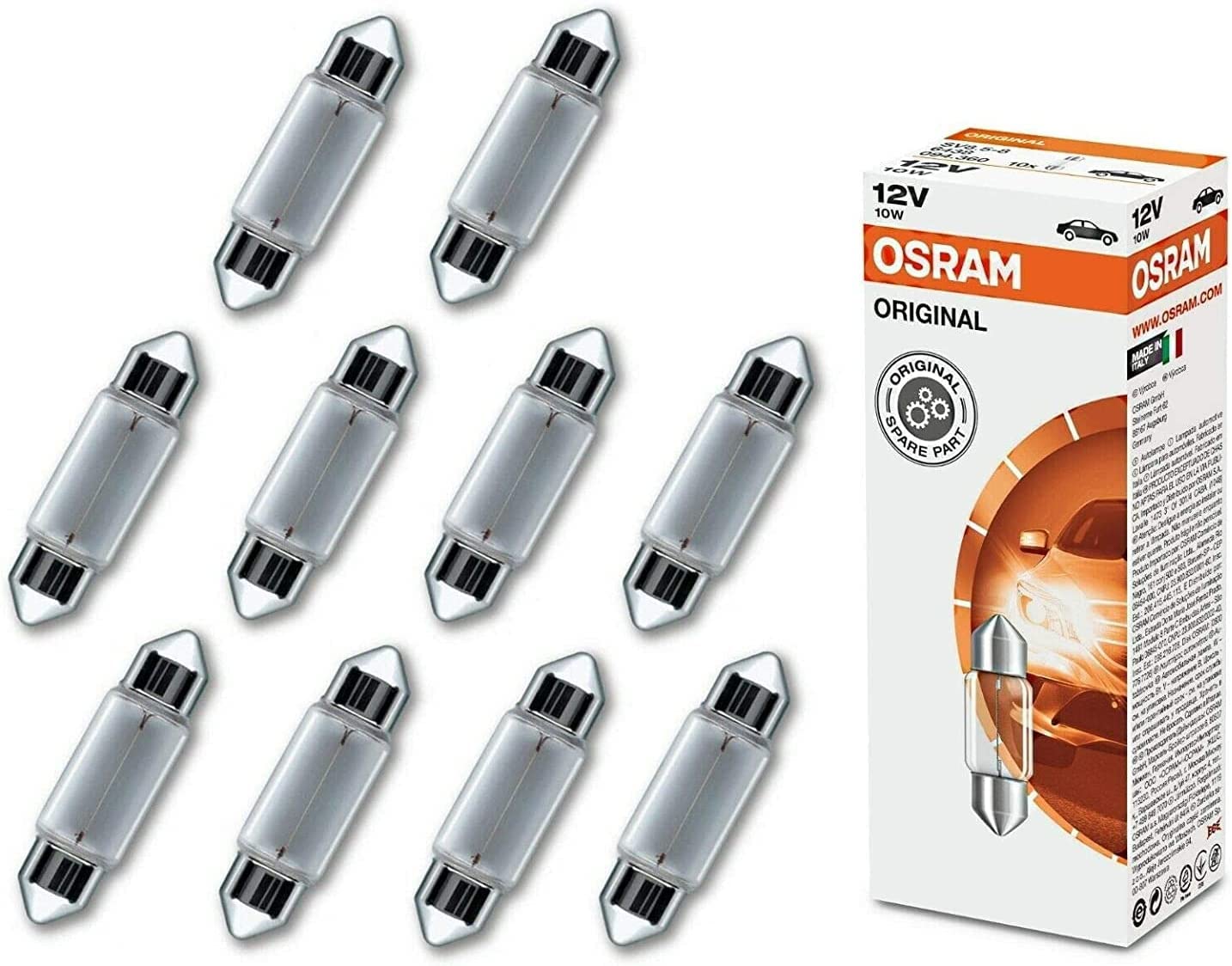 10x Original C10W 31mm 12V 6438 Standard Ersatz Halogen Soffitte Lampe für Innenbeleuchtung - Kofferraum Handschuhfach Kennzeichen Tür Fußraum Leselampen Lizenz - E-geprüft von JURMANN