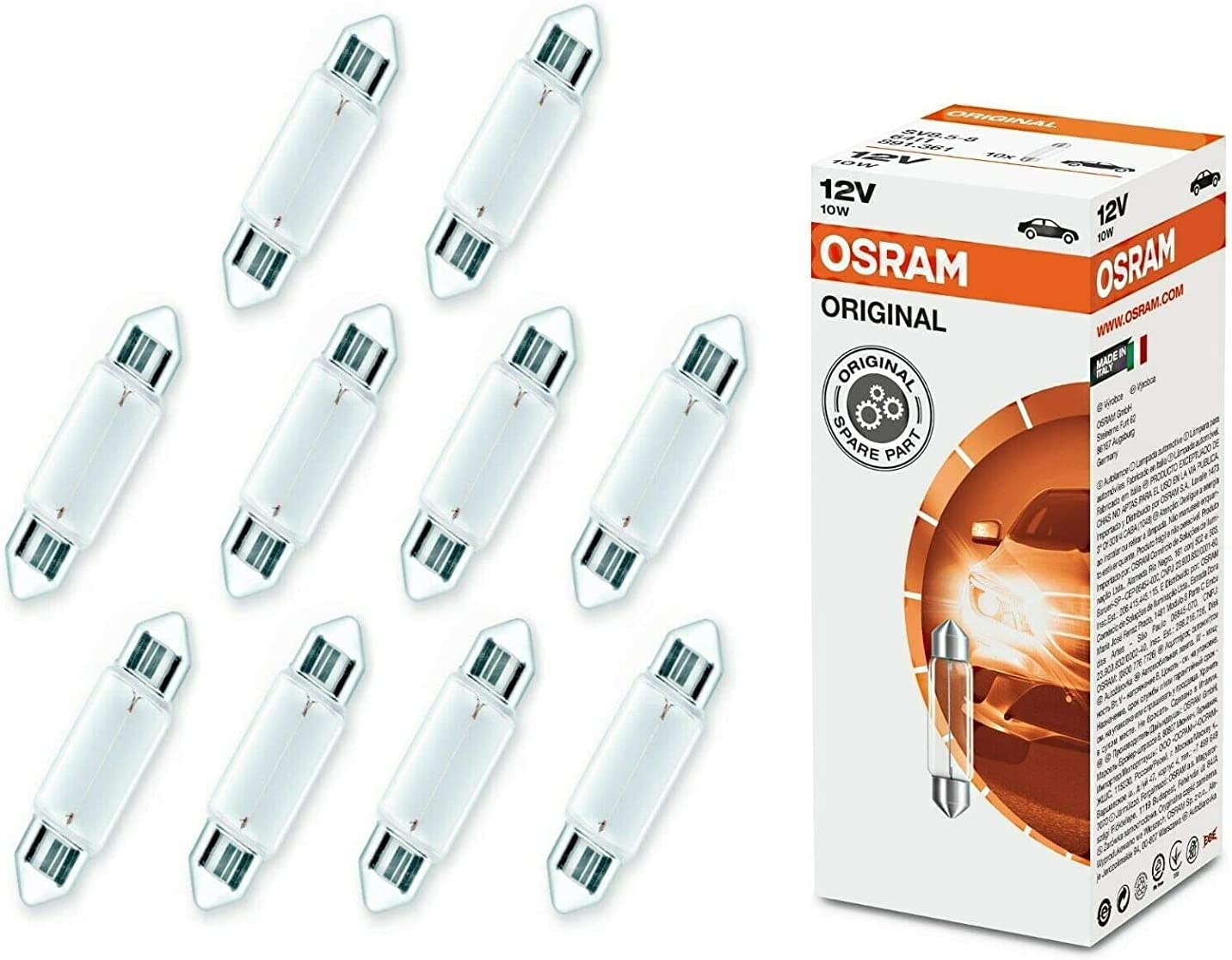 10x Original Osra.m C10W 41mm 12V 6411 Standard Ersatz Halogen Soffitte Lampe für Innenbeleuchtung - Kofferraum Handschuhfach Kennzeichen Tür Fußraum Leselampen Lizenz - E-geprüft von JURMANN