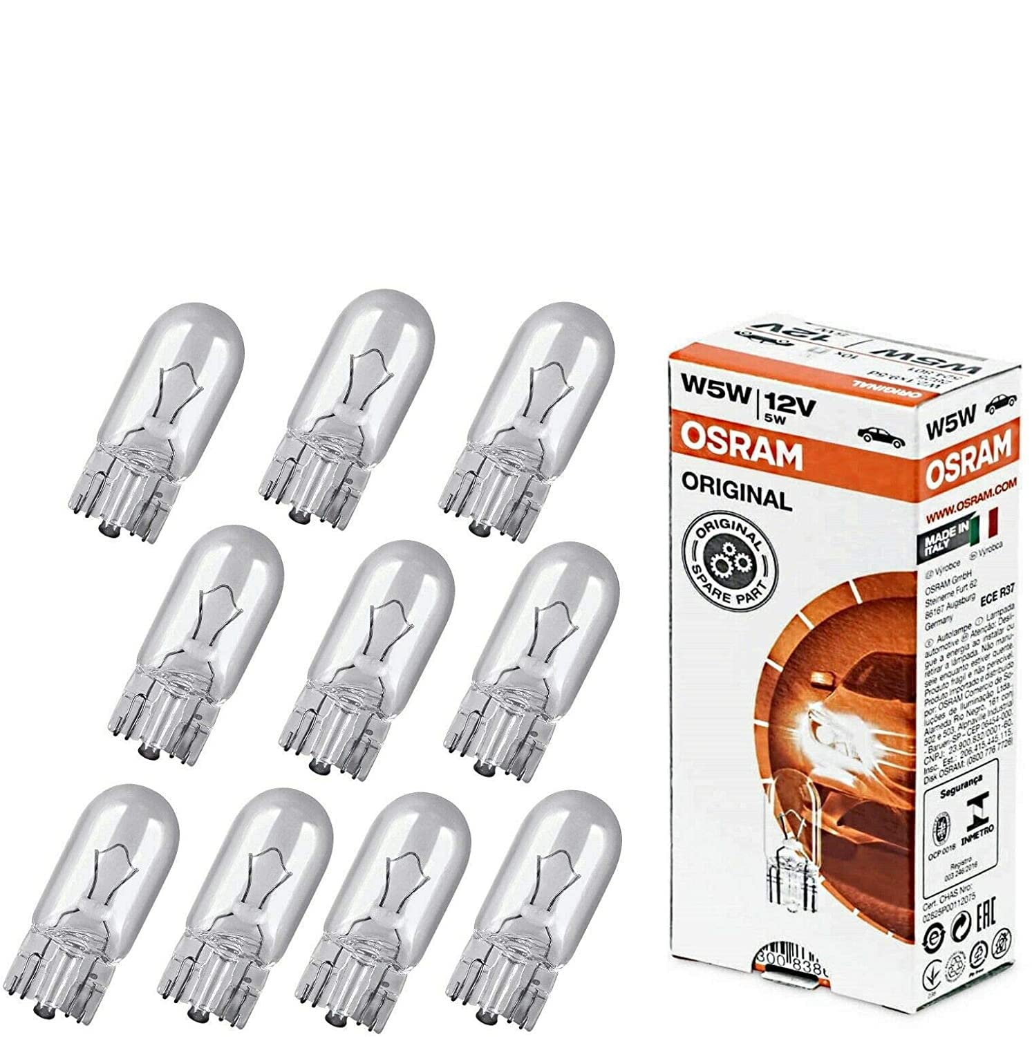 10x Original Osra.m W5W 12V 2825 Standard Ersatz Halogen Birne für Standlicht Positionslicht Bremslicht Hecklicht Innenlicht Leselicht Blinker seitlich E-geprüft von JURMANN