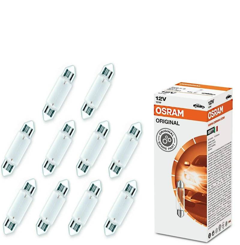 10x Osram C10W 41mm 12V 6411 Original Innenbeleuchtung - Kofferraum Handschuhfach Kennzeichen Tür Fußraum Leselampen Lizenz - Ersatz Halogen Soffite Lampe E-geprüft von JURMANN