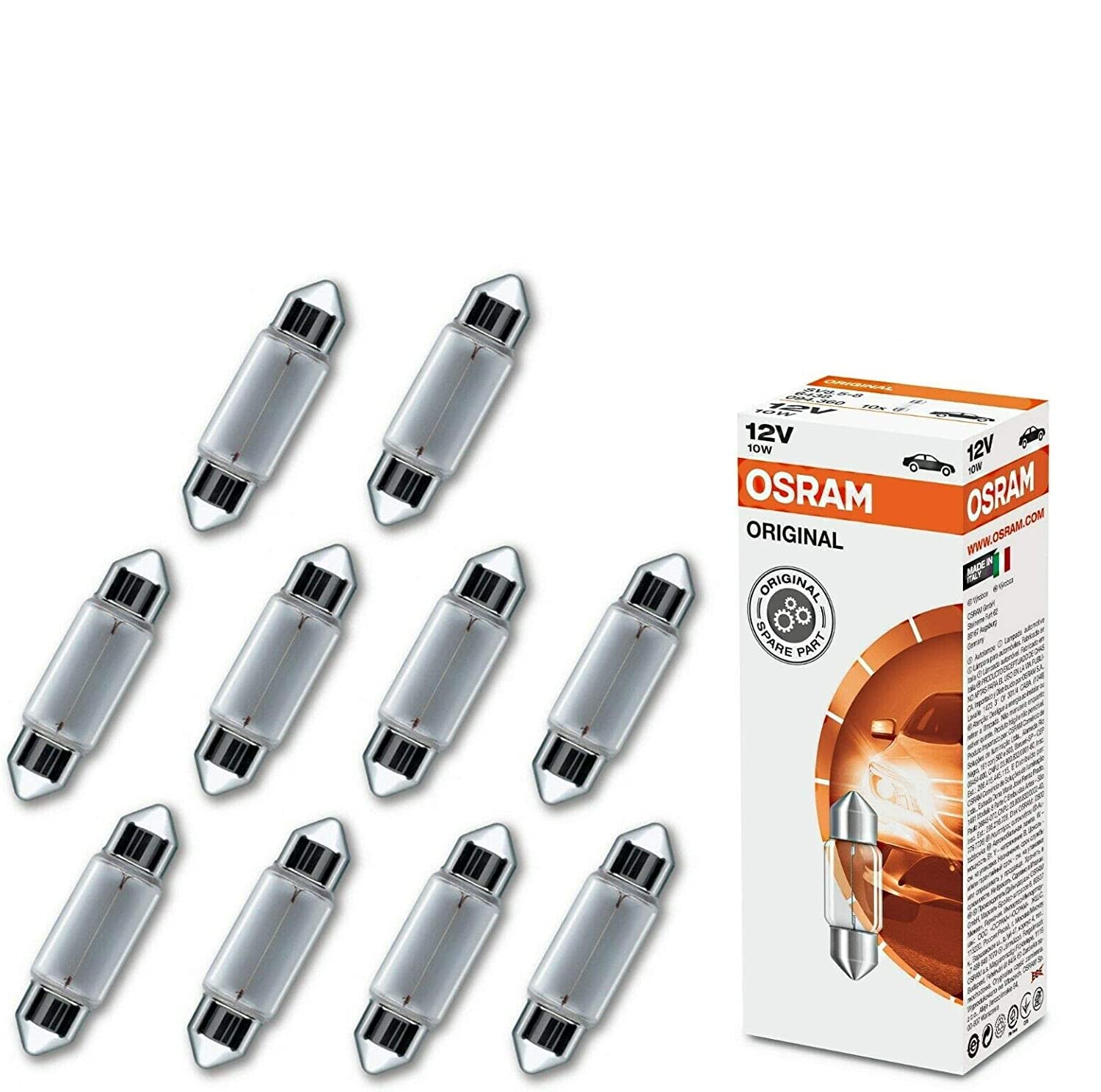 10x Osram Original C10W 31mm 12V 6438 Ersatz Halogen Soffitte Lampe für Innenbeleuchtung - Kofferraum Handschuhfach Kennzeichen Tür Fußraum Leselampen Lizenz - E-geprüft von JURMANN