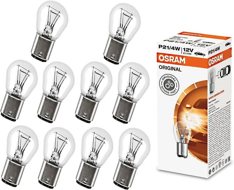 10x Osram Original P21/4W 12V BAZ15d 7225 Standard Weiß High Tech Ersatz Halogen Birne für Bremslicht Hecklicht Nebellicht vorne E-geprüft von JURMANN