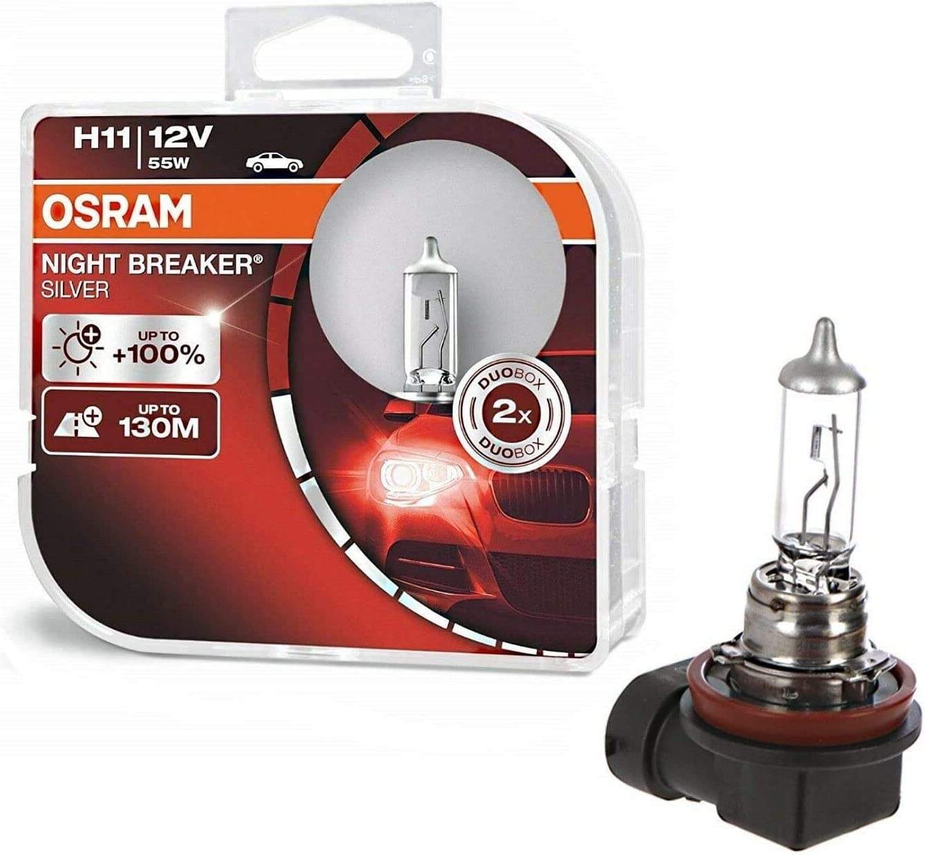 2x H11 55W 12V Night Breaker Silver +100% 64211NBS-HCB Weiß Ersatz Halogen Birne für Scheinwerfer, Fernlicht, Abblendlicht, Nebelleuchte vorne - E-geprüft von JURMANN