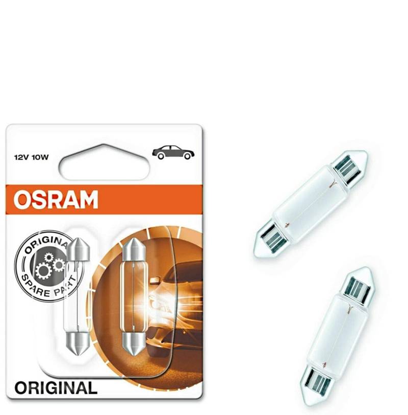 2x Original Osra.m C10W 41mm 12V 6411-02B Standard Ersatz Halogen Soffitte Lampe für Innenbeleuchtung - Kofferraum Handschuhfach Kennzeichen Tür Fußraum Leselampen Lizenz - E-geprüft von JURMANN