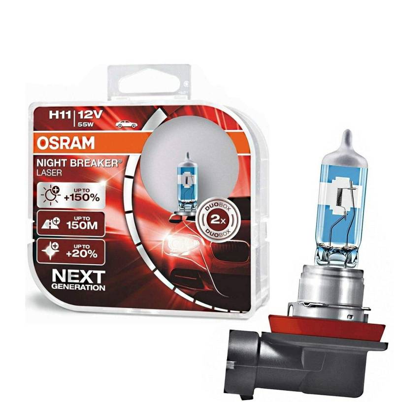 2x Osra.m H11 55W 12V Night Breaker Laser +150% Next Generation 64211NL-HCB hell Weiß Ersatz Halogen Birne für Scheinwerfer, Fernlicht, Abblendlicht - E-geprüft von JURMANN