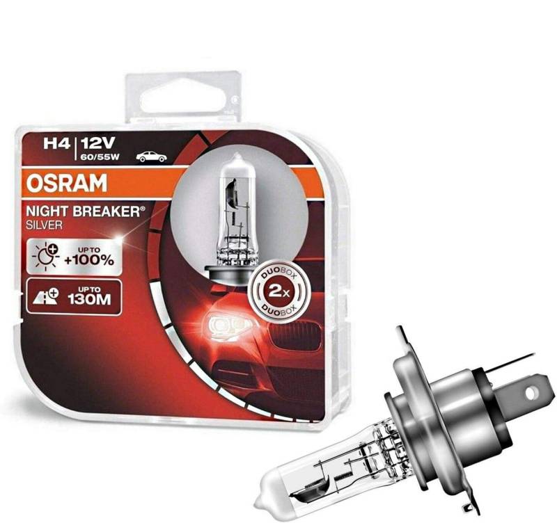 2x Osra.m H4 60/55W 12V P43t Night Breaker Silver +100% 64193NBS-HCB Weiß White Ersatz Scheinwerfer Halogen Auto Lampe - E-geprüft von JURMANN