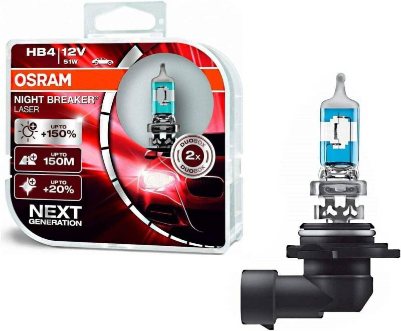 2x Osra.m HB4 51W 12V Night Breaker Laser +150% Next Generation 9006NL-HCB Weiß Ersatz Halogen Birne für Scheinwerfer, Fernlicht, Abblendlicht, Nebelleuchte vorne - E-geprüft von JURMANN