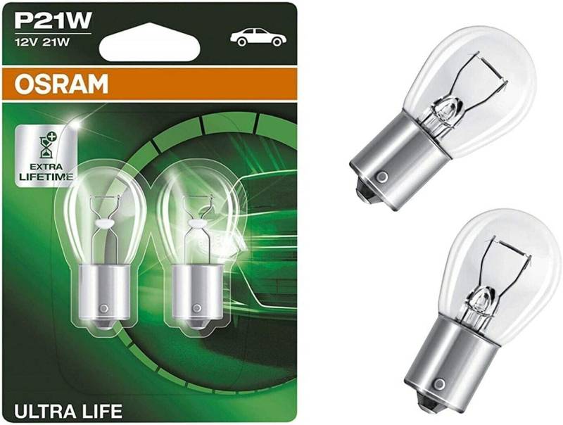 2x Osra.m Ultra Life P21W 12V BA15s 7506ULT-02B Weiß Ersatz Halogen Birne für Tagfahrlicht Rücklicht Bremslicht Hecklicht Blinker E-geprüft von JURMANN