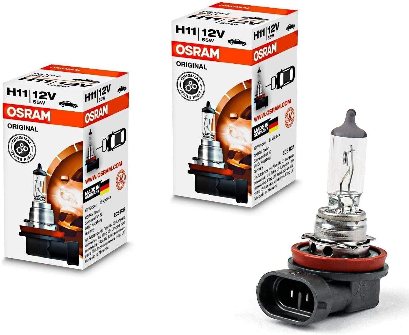 2x Osram H11 55W 12V 64211 Original Weiß Long Life High Tech Ersatz Halogen Birne für Scheinwerfer, Fernlicht, Nebelleuchte vorne - E-geprüft von JURMANN