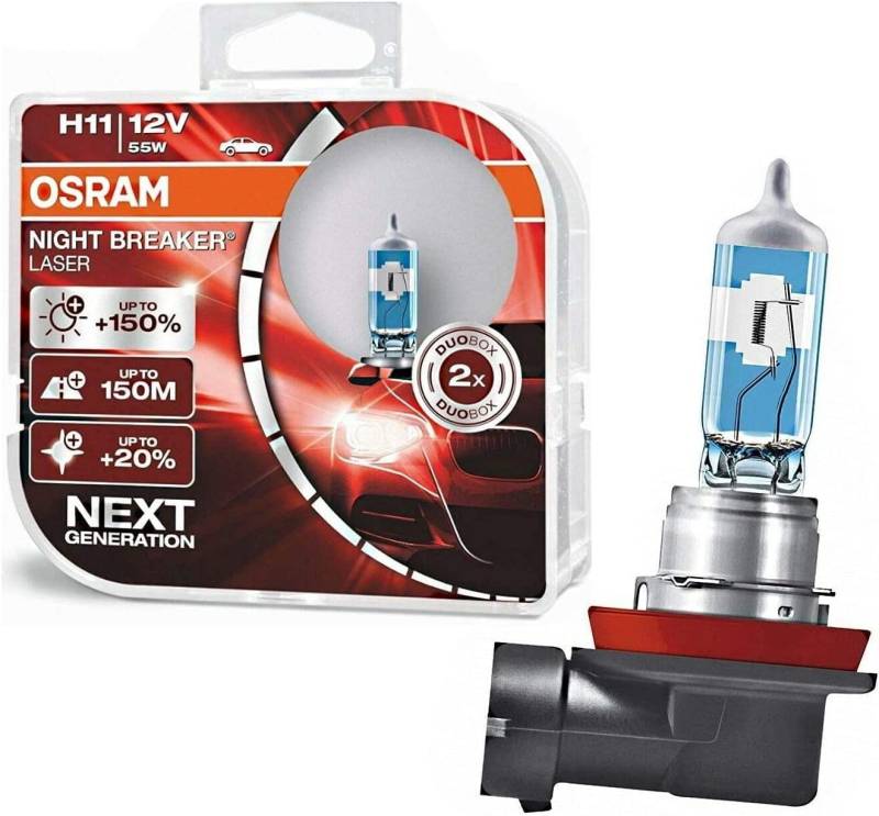 2x Osram H11 55W 12V PGJ19-2 Night Breaker Laser +150% Next Generation 64211NL-HCB hell Weiß White Ersatz Scheinwerfer Halogen Auto Lampe - E-geprüft von JURMANN