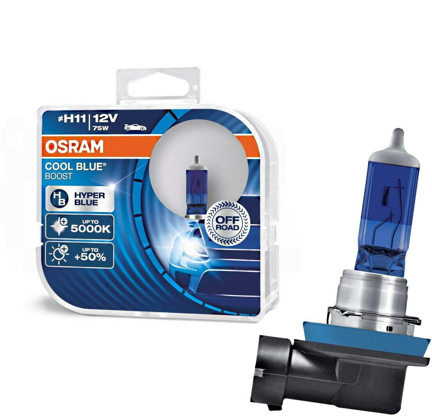 2x Osram H11 75W 12V Cool Blue Boost Hyper Blue 5000K 62211CBB-HCB Super Weiß Xenon Look Ersatz Halogen Birne für Scheinwerfer, Fernlicht, Abblendlicht - Off-Road von JURMANN