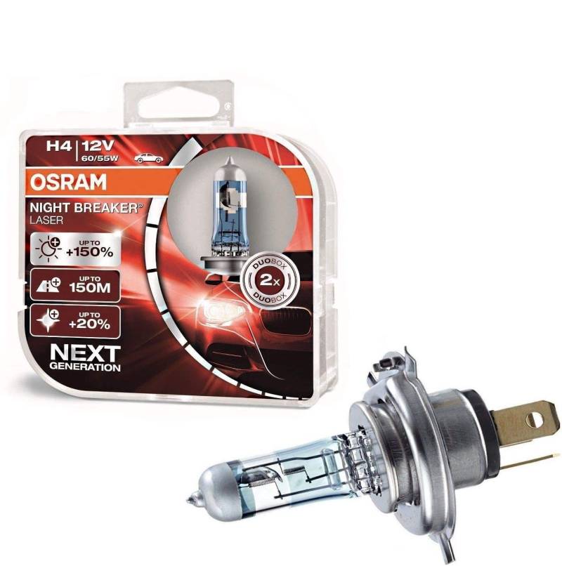 2x Osram H4 60/55W 12V Night Breaker Laser +150% Next Generation 64193NL-HCB hell Weiß Ersatz Halogen Birne für Scheinwerfer, Fernlicht, Abblendlicht, Nebelleuchte vorne - E-geprüft von JURMANN