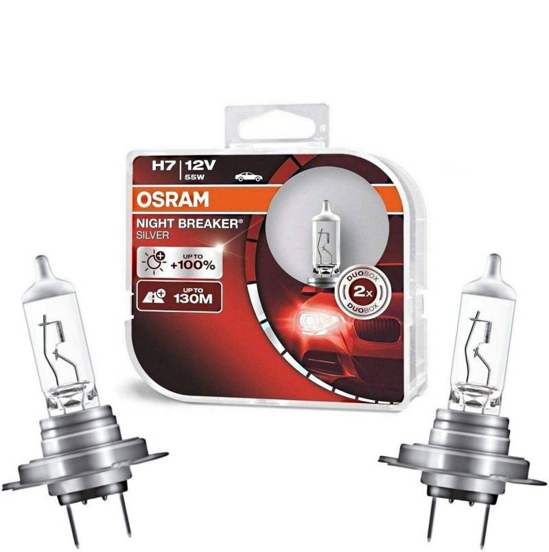 2x Osram H7 55W 12V Night Breaker Silver +100% 64210NBS-HCB hell Weiß Ersatz Halogen Birne für Scheinwerfer, Fernlicht, Abblendlicht, Nebelleuchte vorne - E-geprüft von JURMANN