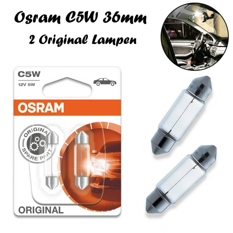 2x Osram Original C5W 36mm 12V 6418-02B Standard Ersatz Halogen Soffitte Lampe für Innenbeleuchtung - Kofferraum Handschuhfach Kennzeichen Tür Fußraum Leselampen Lizenz - E-geprüft von JURMANN