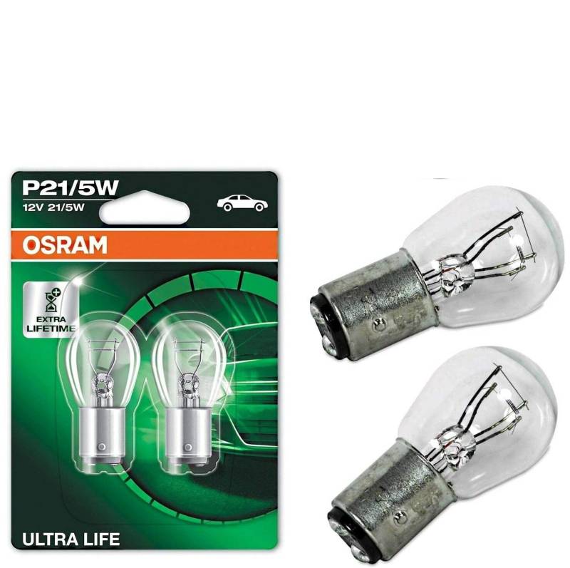 2x Osram Ultra Life P21/5W 12V BAY15d 7528ULT-02B Weiß High Tech Ersatz Halogen Birne für Parklicht Rückfahrlicht Bremslicht Hecklicht Blinker E-geprüft von JURMANN