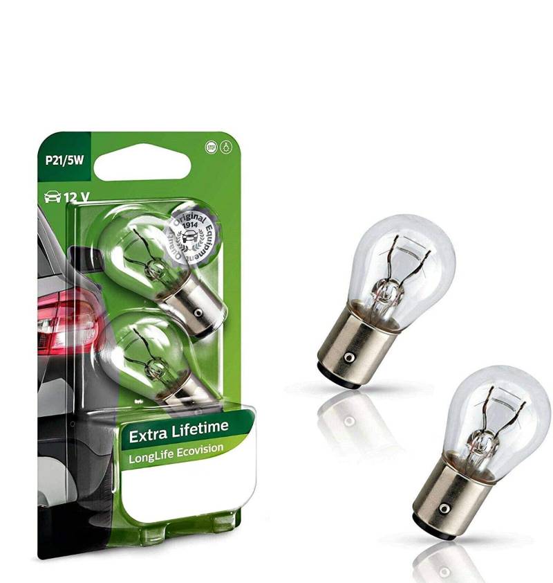 2x Philips EcoVision P21/5W 12V BAY15d 12499LLECOB2 Extra Lifetime Weiß Ersatz Halogen Birne für Parklicht Rückfahrlicht Bremslicht Hecklicht Blinker E-geprüft von JURMANN