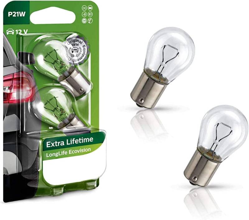 2x Philips EcoVision P21W 12V 12498LLECOB2 Extra Lifetime Weiß High Tech Ersatz Halogen Birne für Tagfahrlicht Rücklicht Bremslicht Hecklicht Blinker E-geprüft von JURMANN