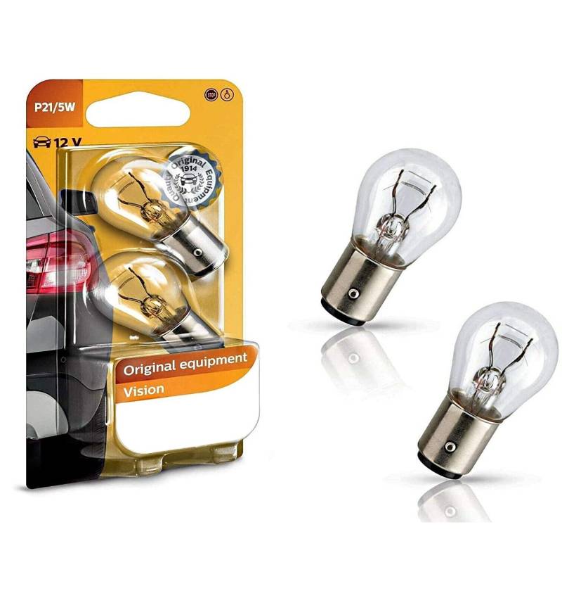 2x Philips P21/5W 12V BAY15d 12499B2 Vision - mehr Licht Weiß Parklicht Rückfahrlicht Bremslicht Hecklicht Ersatz Halogen Lampe E-geprüft von JURMANN