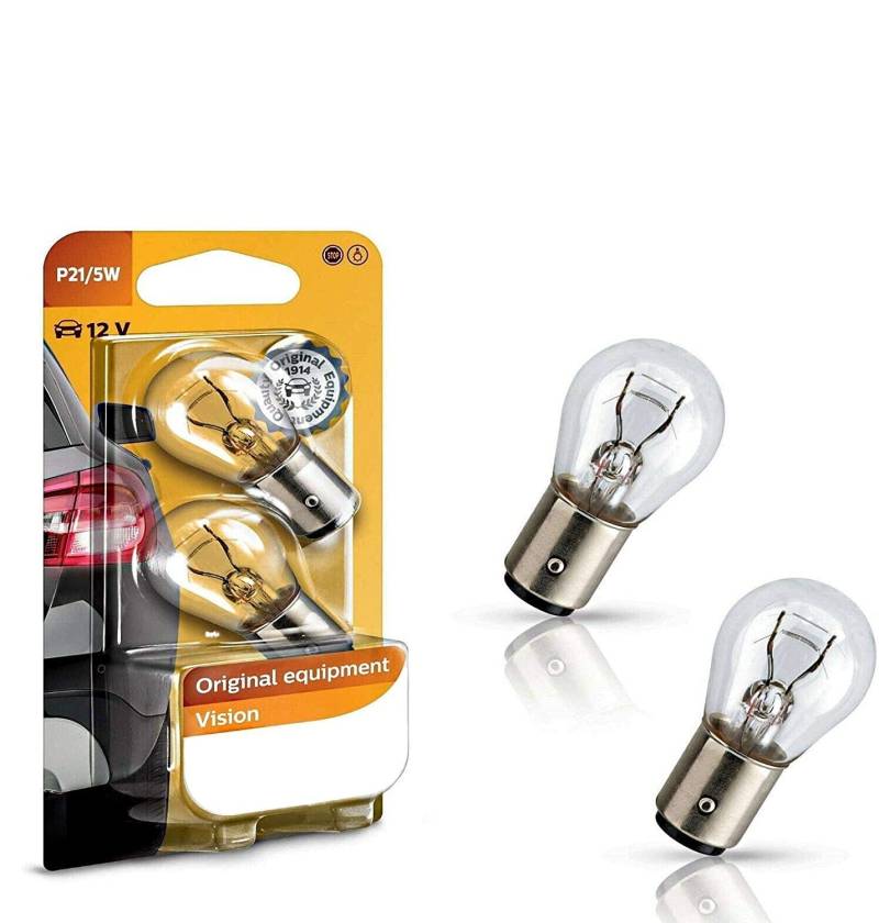 2x Philips P21/5W 12V BAY15d 12499B2 Vision - mehr Licht Weiß Parklicht Rückfahrlicht Bremslicht Hecklicht Ersatz Halogen Lampe E-geprüft von JURMANN