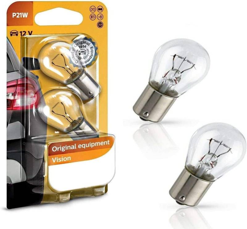 2x Philips P21W 12V 12498B2 Vision - mehr Licht Weiß Tagfahrlicht Rücklicht Bremslicht Hecklicht Ersatz Halogen Lampe E-geprüft von JURMANN