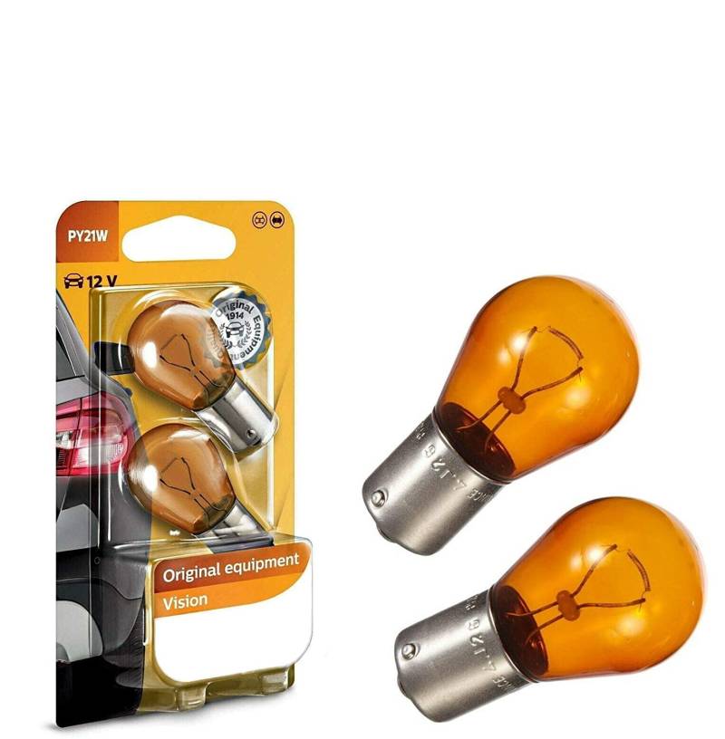 2x Philips PY21W 12V 12496NAB2 Vision - mehr Licht Orange Blinker vorne hinten Seitenblinker Ersatz Halogen Lampe E-geprüft von JURMANN