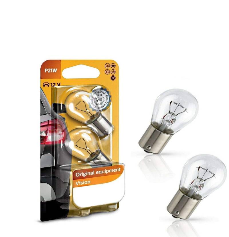 2x Philips Vision P21W 12V 12498B2 Weiß Ersatz Halogen Birne für Tagfahrlicht Rücklicht Bremslicht Hecklicht Blinker E-geprüft von JURMANN