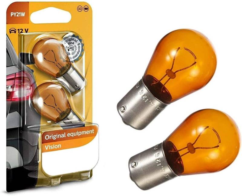 2x Philips Vision PY21W 12V BAU15s 12496NAB2 Orange Ersatz Halogen Birne für Blinker vorne hinten Seitenblinker E-geprüft von JURMANN