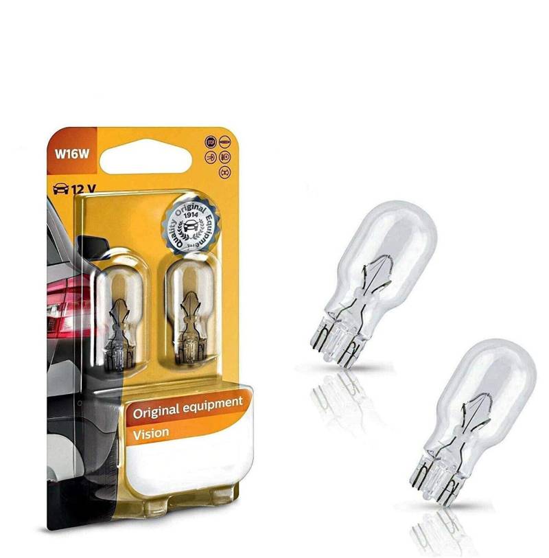 2x Philips Vision W16W 12V W2,1x9,5D 12067B2 High Tech Ersatz Halogen Birne für Bremslicht Hecklicht Rückfahrlicht Nebelleuchte vorne Blinker vorne hinten und seitlich E-geprüft von JURMANN