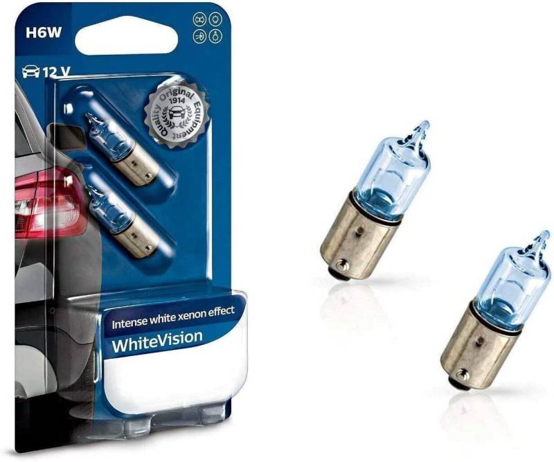 2x Philips White Vision H6W 12V BAX9S 12036WHVB2 Intesiv Weiß Xenon Effekt High Tech Ersatz Halogen Birne für Hecklicht Parklicht Rückfahrlicht Standlicht Kennzeichenlicht Einrichtunglicht E-geprüft von JURMANN