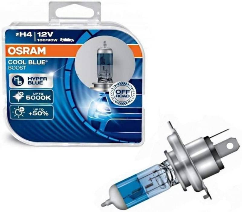 2x H4 100/90W 12V Osra.m Cool Blue Boost Hyper Blue 5000K 62193CBB-HCB Super Weiß Xenon Look Ersatz Halogen Birne für Scheinwerfer, Fernlicht, Abblendlicht, Nebelleuchte vorne - Off-Road von JURMANN