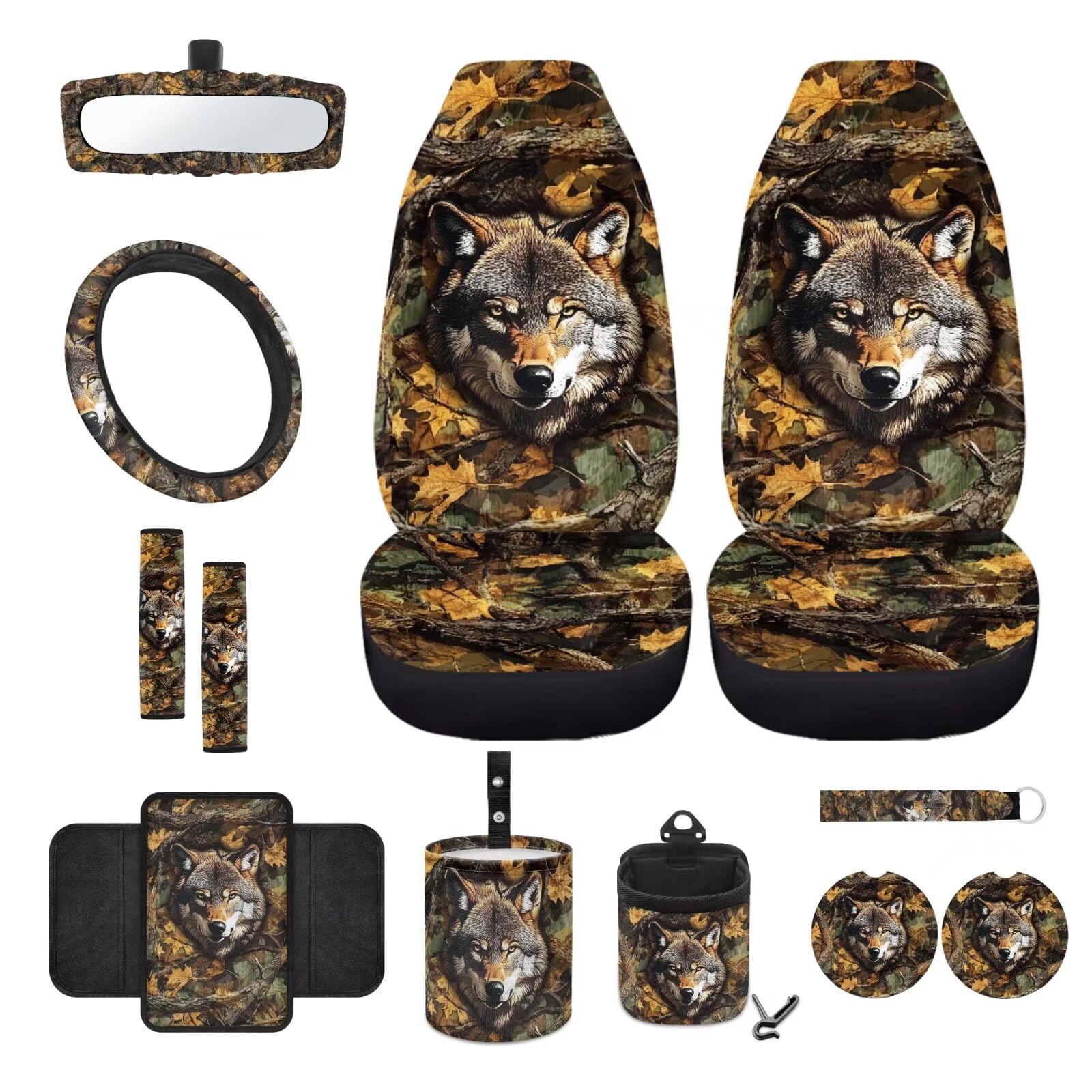 Autositzbezüge-Set, Motiv: Wolf Camo Jagd, 12-teilig, mit Lenkrad-Sicherheitsgurtbezug, Armlehnenpolster, Mülleimer, Sonnenbrillentasche, Rückspiegelbezug, Untersetzer, Schlüsselanhänger von JUZGTSIT