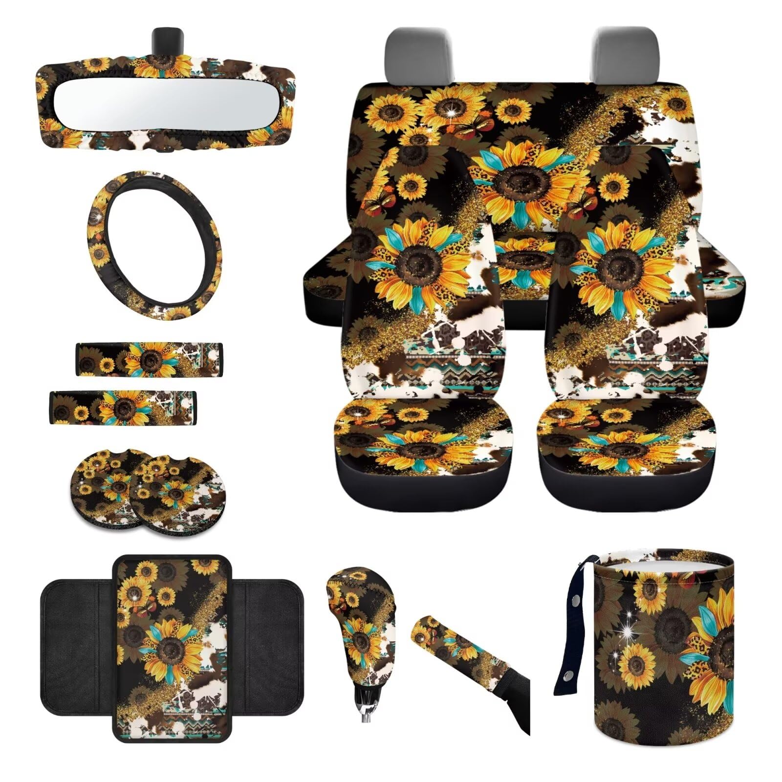 Autositzbezug mit Azteken-Sonnenblumen-Leopardenmuster, Kuh-Druck, mit Lenkradbezug, Sicherheitsgurtpolster, Handbremse, Schaltknauf, Abdeckung für Mülleimer, Armlehne, Rückspiegel-Abdeckung, von JUZGTSIT