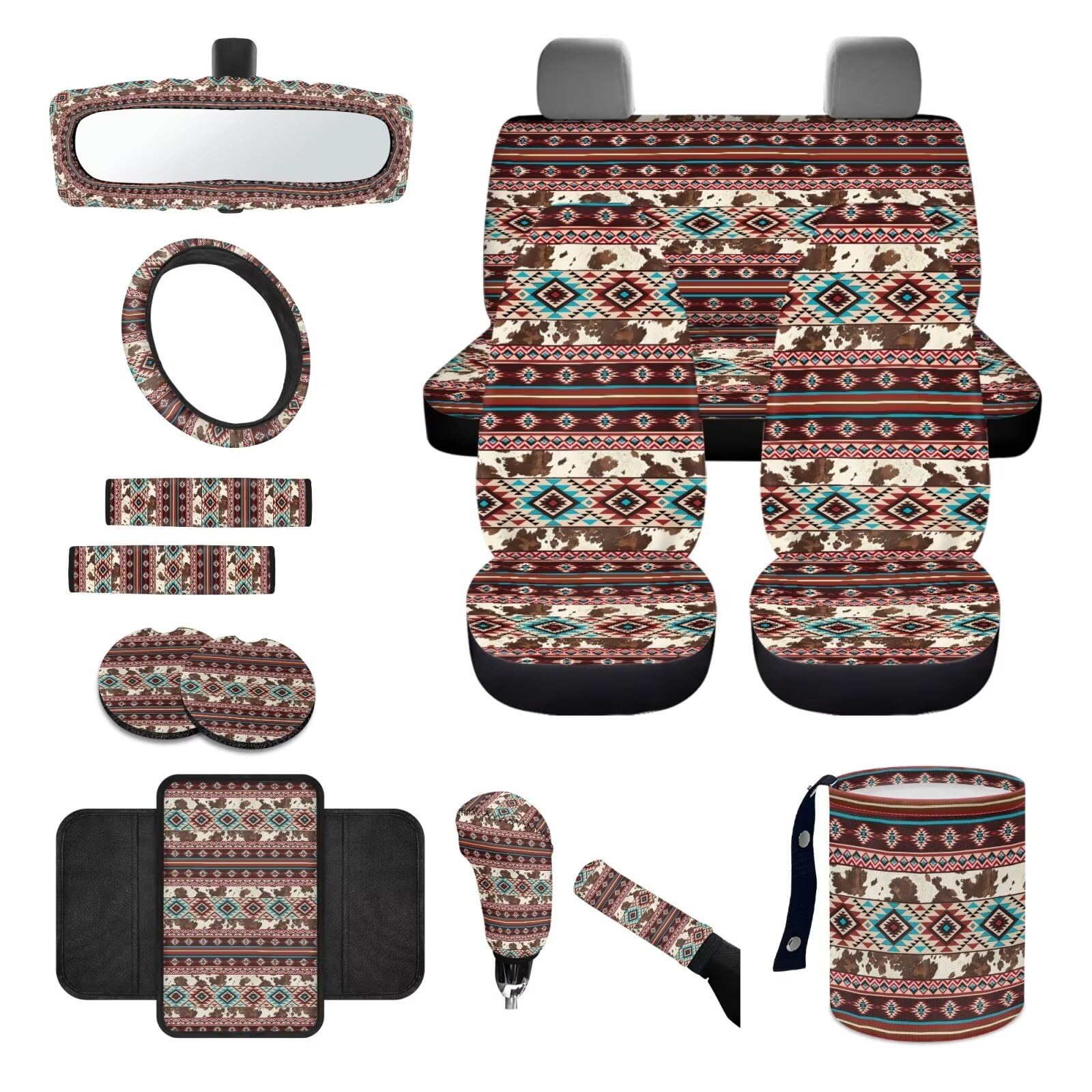 Autozubehör-Set mit Aztekenmuster und braunem Kuhdruck, 14-teilig, universal, Autositzbezug, Lenkradbezug, Gurtpolster, Mülleimer, Armlehnenbezug, Getränkehalter, Rückspiegelabdeckung, von JUZGTSIT