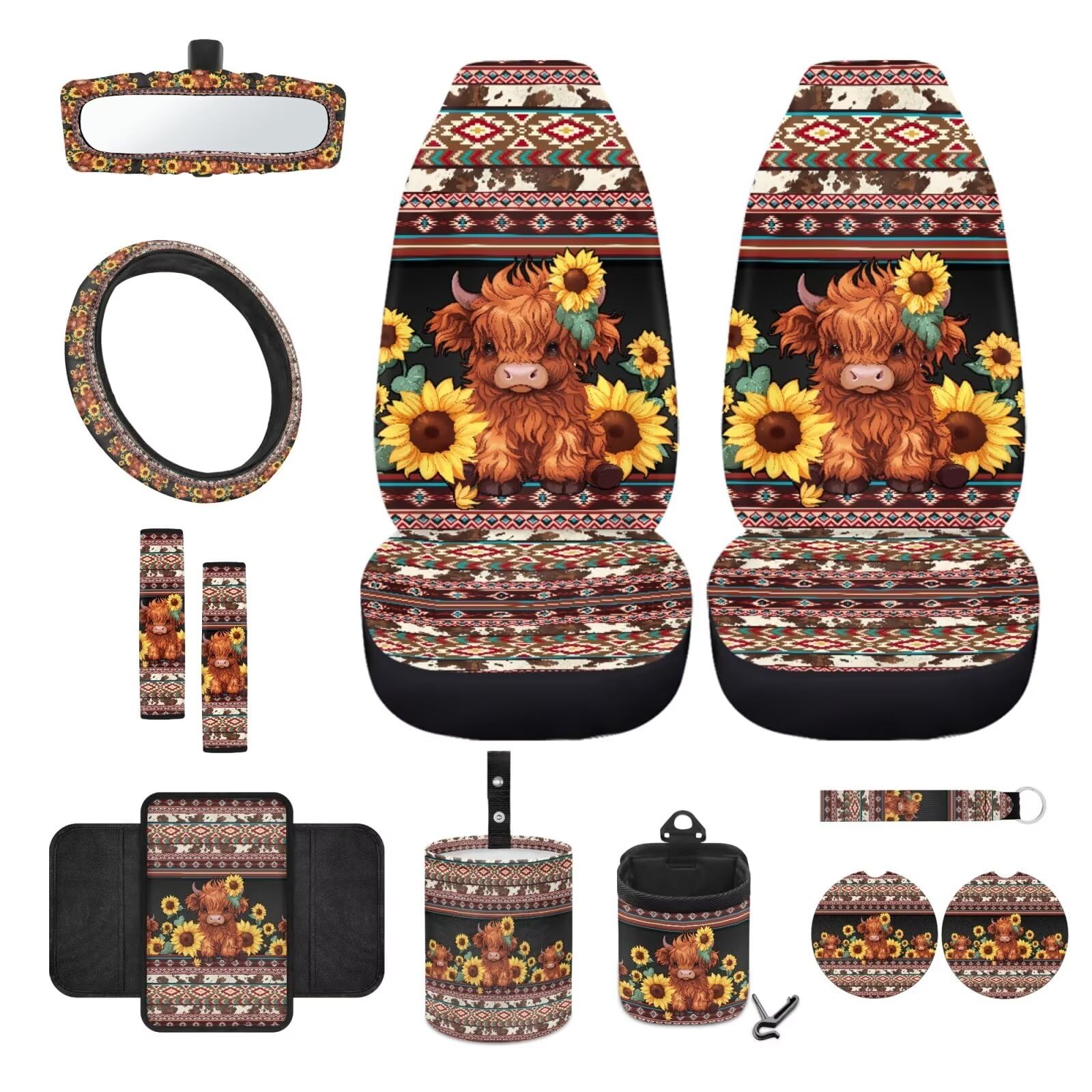 Aztekisches Hochlandkuh Sonnenblume Autozubehör mit Vordersitzbezug, Lenkradbezug, Gurtbezug, Armlehne, Matte, Mülleimer, Taschenhalter, Rückspiegelbezug, Schlüsselanhänger, 12 Stück von JUZGTSIT