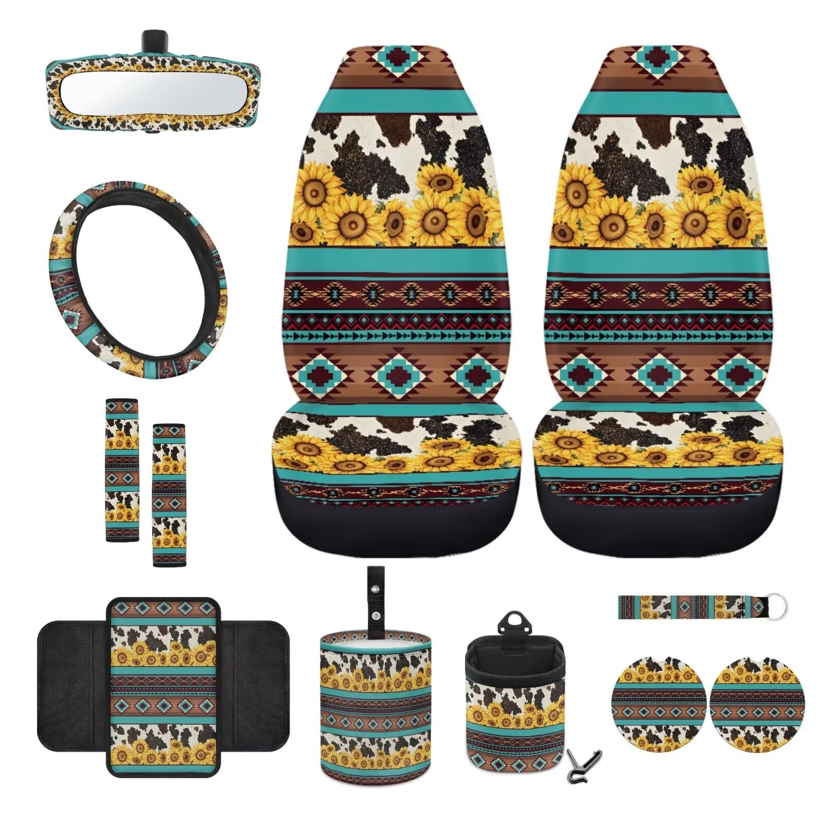 Vordersitzbezug-Set mit Azteken-Sonnenblumen-Motiv, 12-teilig, mit Fahrersitzbezug, Lenkradbezug, Sicherheitsgurtpolster, Armlehnenbezug, Untersetzer, Müllbeutel, Lüftungsschlitztasche, von JUZGTSIT