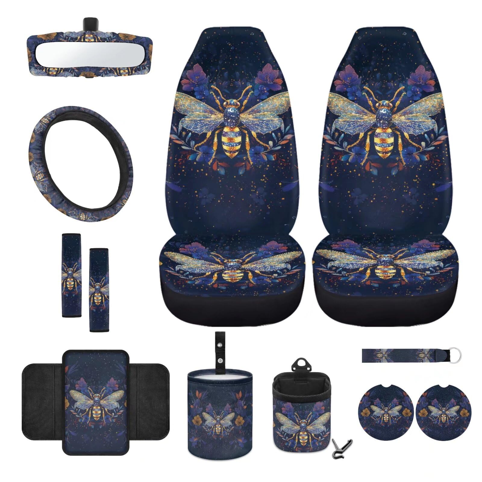 Vordersitzbezug-Set mit Lenkradbezug, Sicherheitsgurtschutz, Armlehnenpolster, Getränkehalter, Müllbeutel, Lüftungsschlitztasche, Rückspiegelbezug, Schlüsselanhänger, 12-teiliges Set von JUZGTSIT