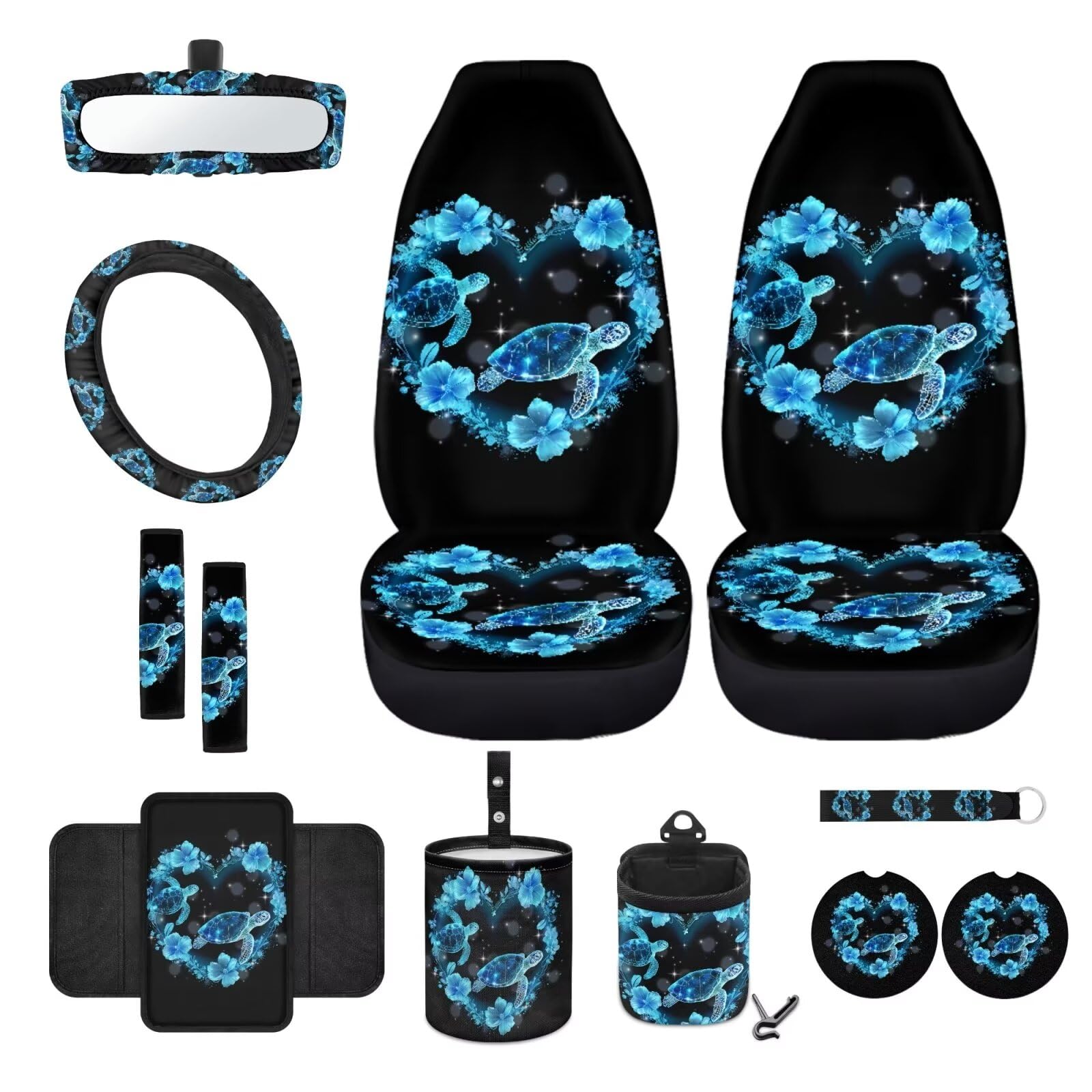 Vordersitzbezug-Set mit Meeresturrtle-Blume, Blau, 12-teiliges Set mit Lenkradbezug, Sicherheitsgurtschutz, Armlehnenbox, Matte, Getränkehalter, Müllbeutel, Lüftungsschlitztasche, Rückspiegelschutz, von JUZGTSIT