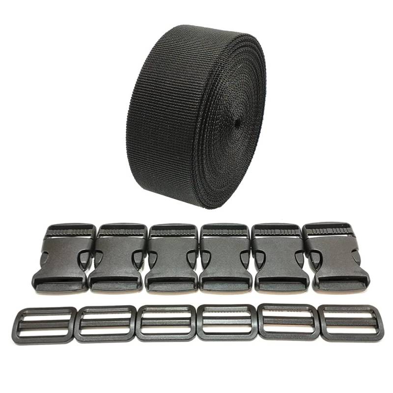 Rucksackband, 3 m x 32 mm + 12 Kunststoffschnallen, Nylonband mit Druckknöpfen, Rucksackgurt, Gepäckgurt, Koffergurt (32 mm, Schwarz 332) von JYC CREATIVE