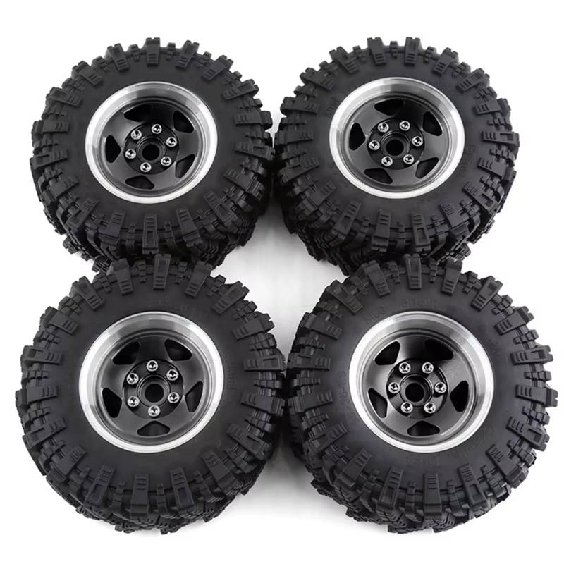 JYYTERD RC Teile Kompatibel Mit TRX4 D90 Für Axial Für SCX10 II III 1/10 RC Crawler Car 4Stk. 98Mm Metall 1,9 Zoll Beadlock-Felge Gummireifensatz(Black) von JYYTERD