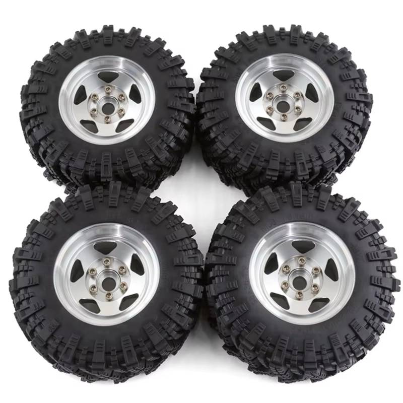 JYYTERD RC Teile Kompatibel Mit TRX4 D90 Für Axial Für SCX10 II III 1/10 RC Crawler Car 4Stk. 98Mm Metall 1,9 Zoll Beadlock-Felge Gummireifensatz(Silver) von JYYTERD