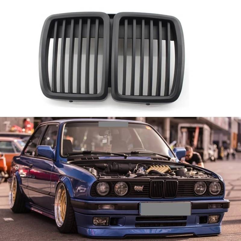 Auto Front Stoßstange Kühlergrills für BMW E30 Grill 3Series 1982-1994,Kühlergrill Chrome Grille Nieren-Frontstoßstange Grill Abdeckung Ersatz Autoteile,Matte Black von JZWJNFYY