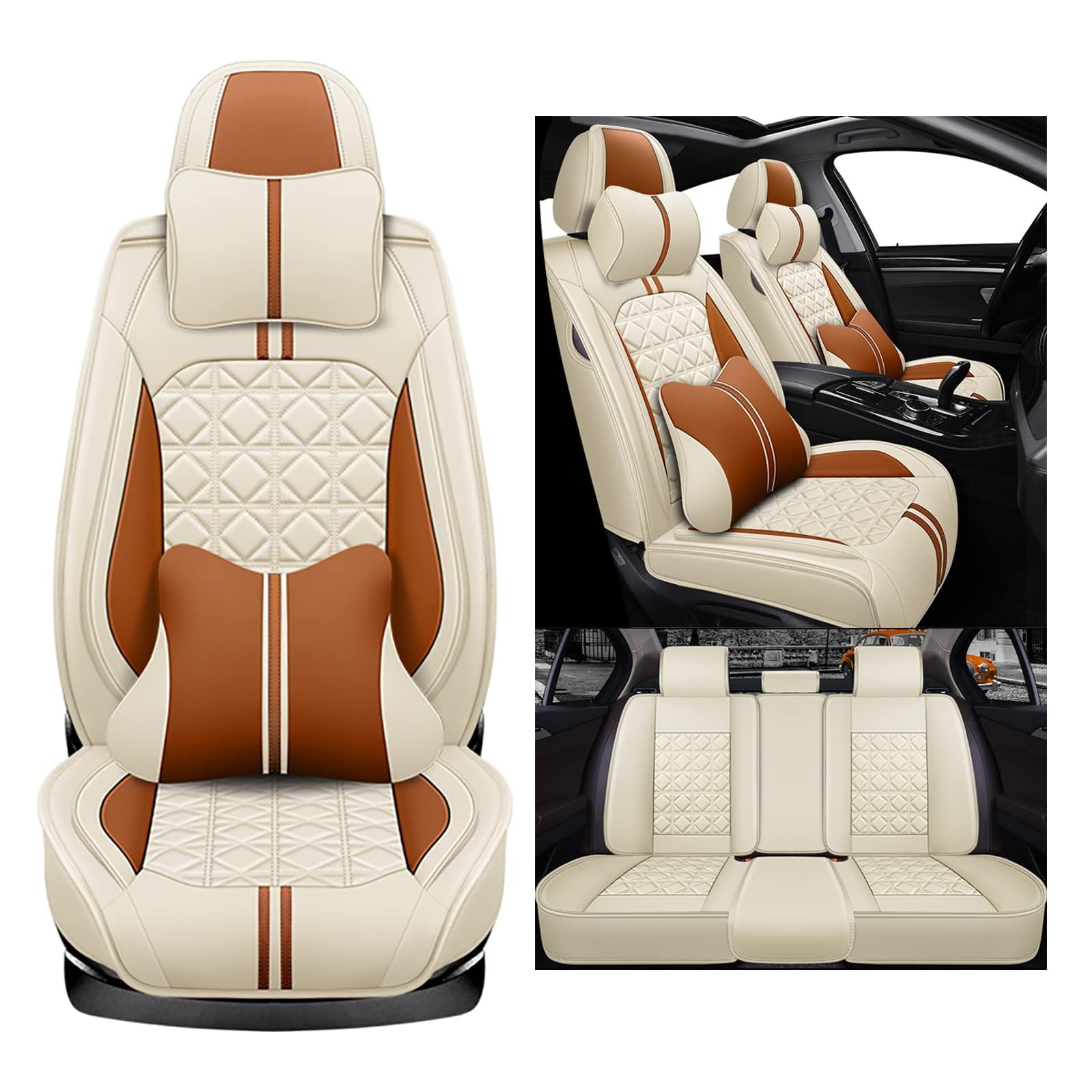 JZWJNFYY Auto Leder Sitzbezüge Sets Für BMW 7er E65 E66 E67 E68 F01 F02 F03 F04 G11 G12, Allwetter Atmungsaktiv Verschleißfest Auto Zubehör,Luxury-Beige von JZWJNFYY