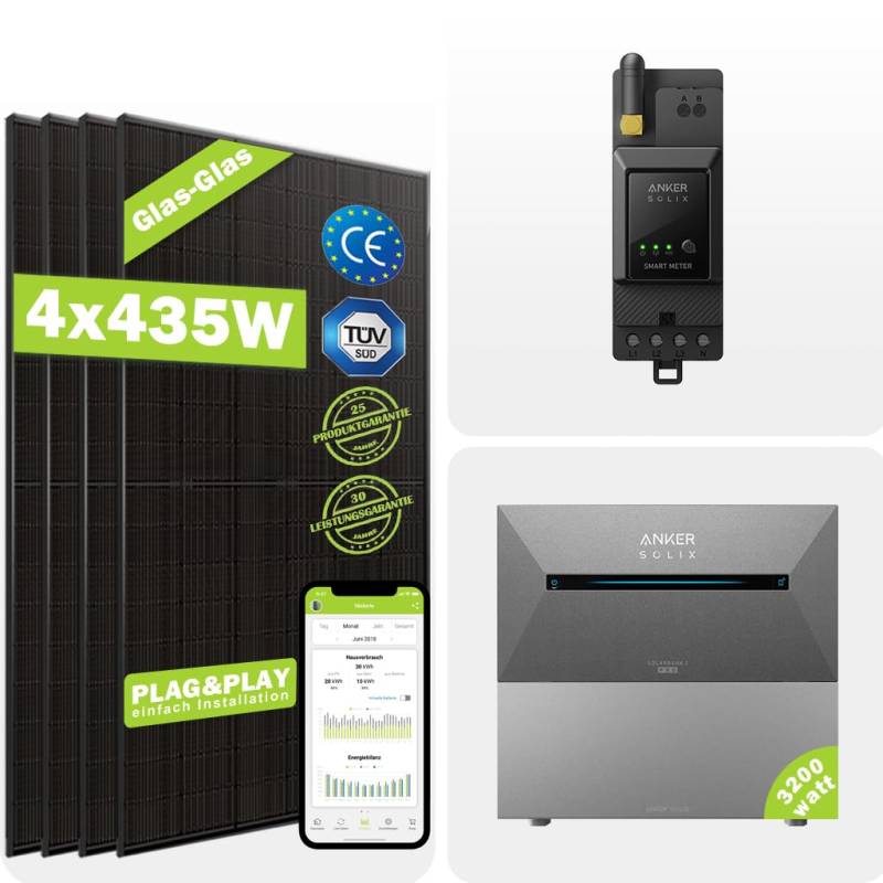 Balkonkraftwerk 2260W Komplettset mit Anker 3200W Speicher Solix Pro, 4x565W Bifalzial Module, 1600W Stromspeicher mit 1600W Erweiterungsakku + Smart Zähler, Solarspeicher für Balkon Haus Dach von Ja Solar