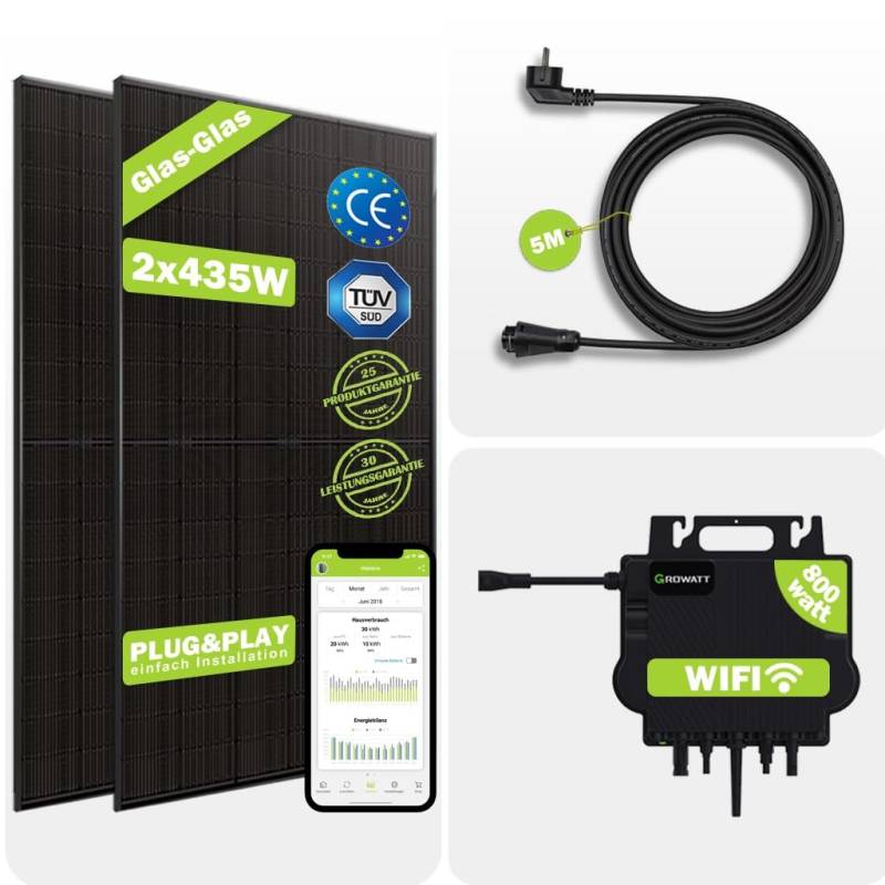 Balkonkraftwerk Komplettset 1100Wp/800W - Bifazial Solarmodule je 565Wp, Growatt 800W Mikro-Wechselrichter mit WiFi, BC Kabel 5m, Photovoltaik Glas-Glas Solarpanel PV Anlage für Haus Balkon Terrasse von Ja Solar